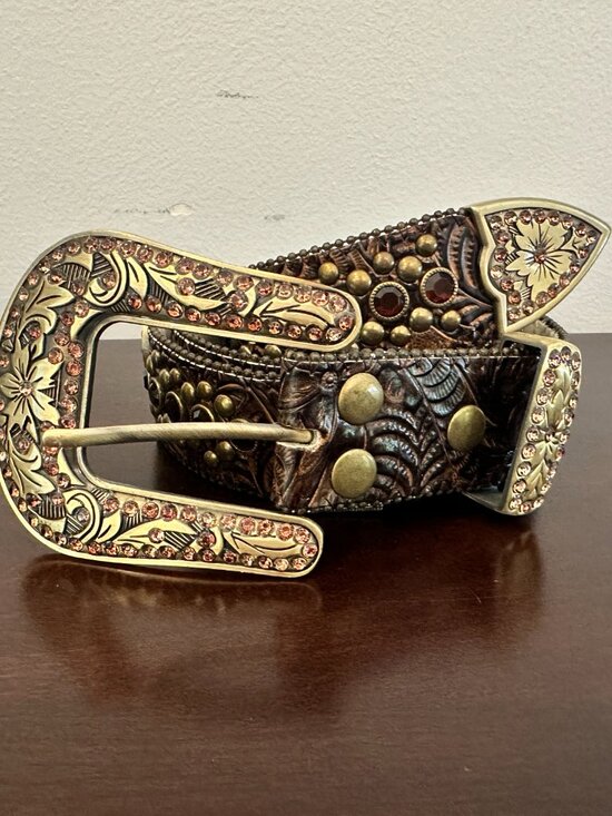Women’s Brown Western Studded Belt, LeatherAdjustable Brass Buckle, Size L main image 15